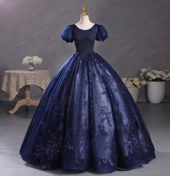 Elegant Court Navy Blue Crew Neck Puff Sleeve Embroidered Tulle Ball Gown Evening Dress Sweet 16 Dress P4400