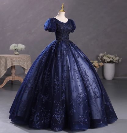 Elegantes königsblaues Abendkleid mit Rundhalsausschnitt, Puffärmeln und Tüllstickerei, Ballkleid, Kleid zum 16. Geburtstag P4400