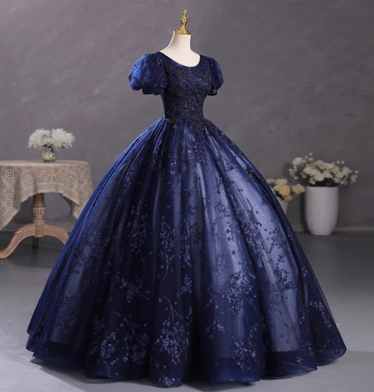 Elegant Court Navy Blue Crew Neck Puff Sleeve Embroidered Tulle Ball Gown Evening Dress Sweet 16 Dress P4400