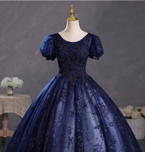Elegant Court Navy Blue Crew Neck Puff Sleeve Embroidered Tulle Ball Gown Evening Dress Sweet 16 Dress P4400