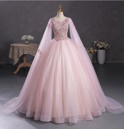 Robe de soirée longue princesse rose clair à col rond, cape brodée, en tulle, robe de bal, robe de 16 ans P4401