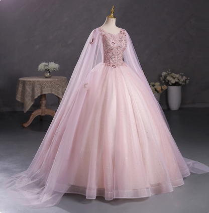 Robe de soirée longue princesse rose clair à col rond, cape brodée, en tulle, robe de bal, robe de 16 ans P4401