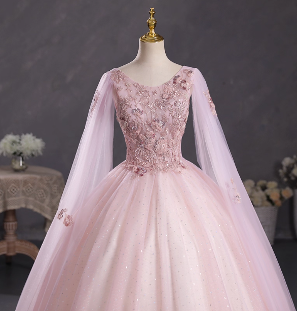 Princess Light Pink Crew Neck Cape Embroidered Tulle Ball Gown Evening Dress Sweet 16 Dress P4401