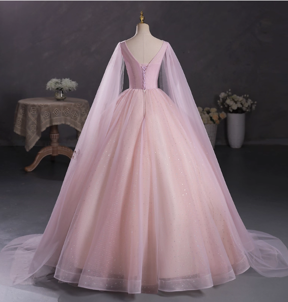Princess Light Pink Crew Neck Cape Embroidered Tulle Ball Gown Evening Dress Sweet 16 Dress P4401