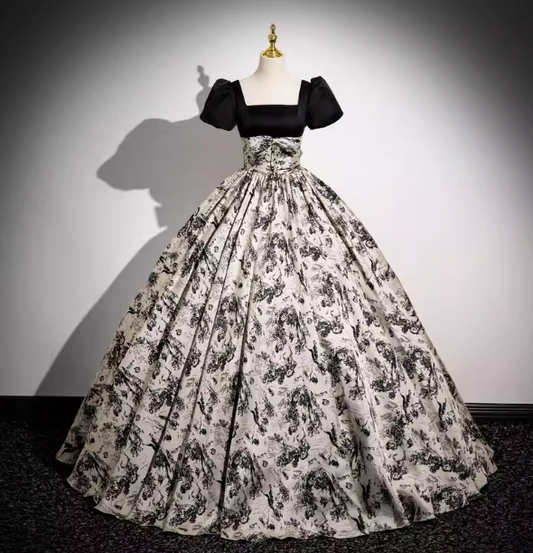 Vintage Printed Square Neck Puff Sleeve Velvet Ball Gown Evening Dress Sweet 16 Dress P4402
