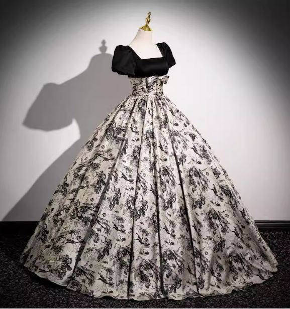 Vintage Printed Square Neck Puff Sleeve Velvet Ball Gown Evening Dress Sweet 16 Dress P4402