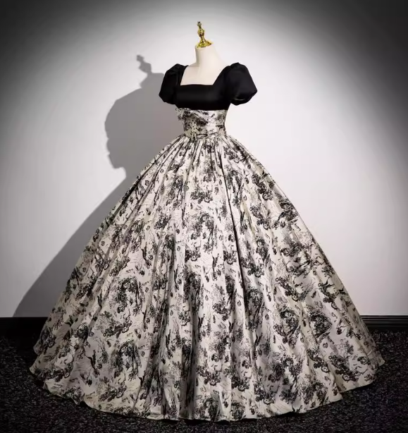 Vintage Printed Square Neck Puff Sleeve Velvet Ball Gown Evening Dress Sweet 16 Dress P4402