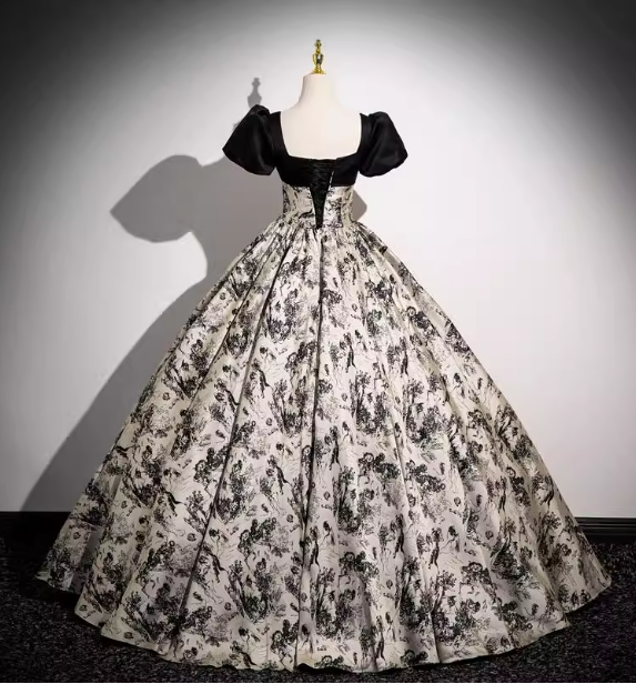 Vintage Printed Square Neck Puff Sleeve Velvet Ball Gown Evening Dress Sweet 16 Dress P4402