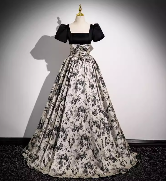 Vintage Printed Square Neck Puff Sleeve Velvet Ball Gown Evening Dress Sweet 16 Dress P4402