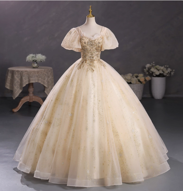 Princess Champagne Gold Square Neck Puff Sleeve Gold Embroidered Floral Tulle Ball Gown Evening Dress Sweet 16 Dress P4403