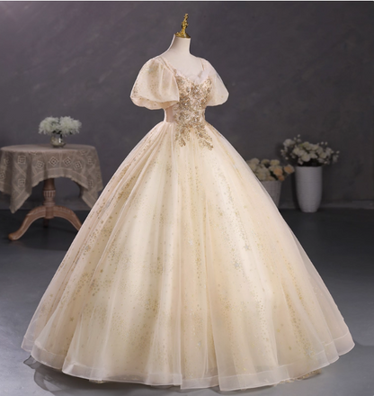 Robe de soirée princesse champagne dorée en tulle brodé floral doré à encolure carrée et manches bouffantes, robe de bal, robe de 16 ans P4403