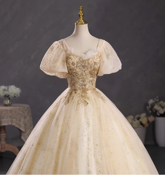 Princess Champagne Gold Square Neck Puff Sleeve Gold Embroidered Floral Tulle Ball Gown Evening Dress Sweet 16 Dress P4403