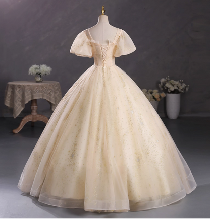 Robe de soirée princesse champagne dorée en tulle brodé floral doré à encolure carrée et manches bouffantes, robe de bal, robe de 16 ans P4403