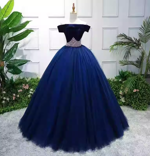 Elegant Navy Blue Off-the-Shoulder Velvet Tulle Ball Gown Evening Dress Sweet 16 Dress P4404