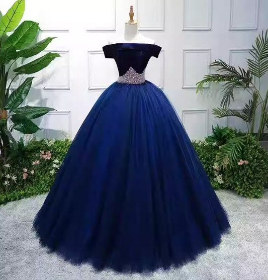 Elegant Navy Blue Off-the-Shoulder Velvet Tulle Ball Gown Evening Dress Sweet 16 Dress P4404