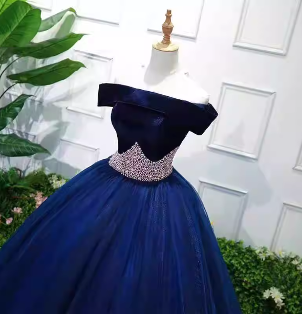 Elegant Navy Blue Off-the-Shoulder Velvet Tulle Ball Gown Evening Dress Sweet 16 Dress P4404