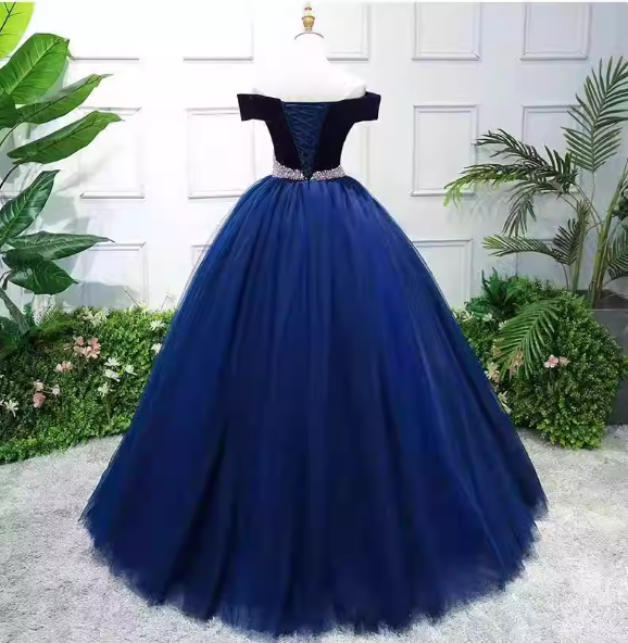 Elegant Navy Blue Off-the-Shoulder Velvet Tulle Ball Gown Evening Dress Sweet 16 Dress P4404