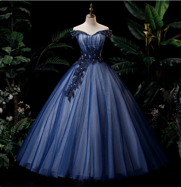 Elegant Teal Blue Off-the-Shoulder Embroidered Tulle Ball Gown Evening Dress Sweet 16 Dress P4405