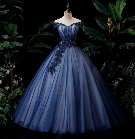 Elegant Teal Blue Off-the-Shoulder Embroidered Tulle Ball Gown Evening Dress Sweet 16 Dress P4405