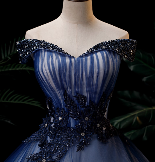 Elegant Teal Blue Off-the-Shoulder Embroidered Tulle Ball Gown Evening Dress Sweet 16 Dress P4405