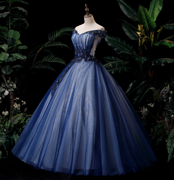 Elegant Teal Blue Off-the-Shoulder Embroidered Tulle Ball Gown Evening Dress Sweet 16 Dress P4405