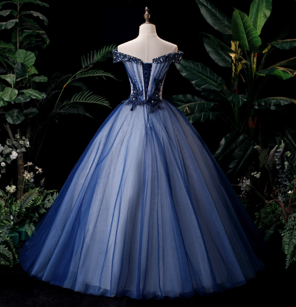 Elegant Teal Blue Off-the-Shoulder Embroidered Tulle Ball Gown Evening Dress Sweet 16 Dress P4405