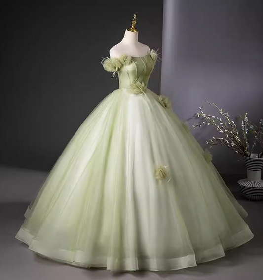 Bohemian Green Strapless Feather Floral Tulle Ball Gown Evening Dress Sweet 16 Dress P4406