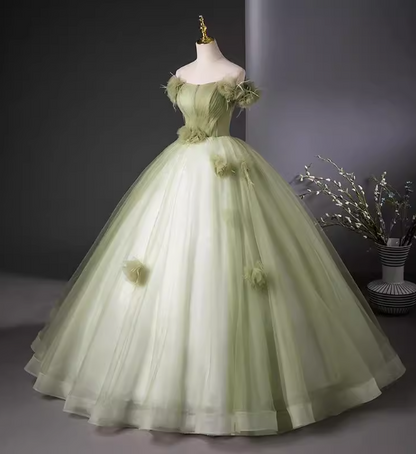 Böhmisches grünes trägerloses Feder-Blumen-Tüll-Ballkleid Abendkleid Sweet 16 Kleid P4406