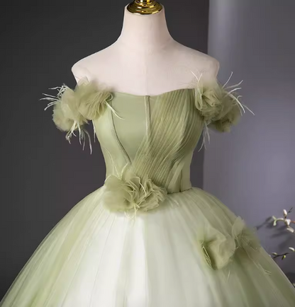 Böhmisches grünes trägerloses Feder-Blumen-Tüll-Ballkleid Abendkleid Sweet 16 Kleid P4406