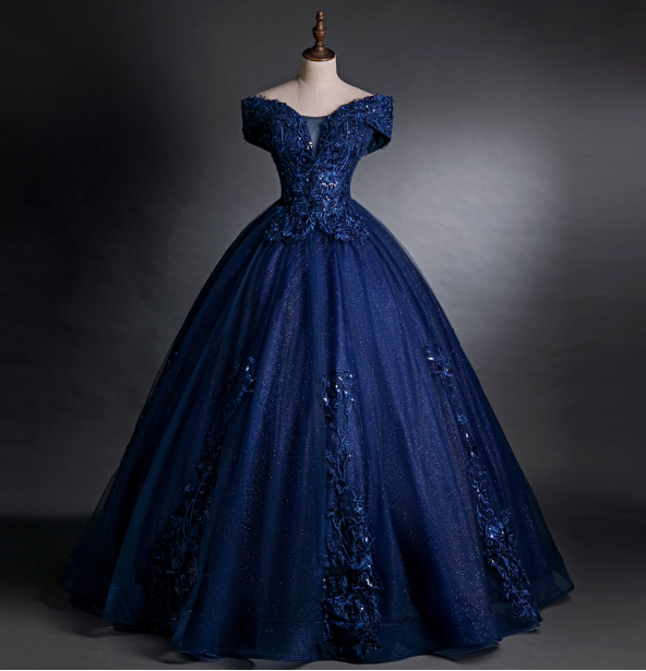 Luxurious Court Navy Blue One-Shoulder Embroidered Sequin Tulle Ball Gown Evening Dress Sweet 16 Dress P4407