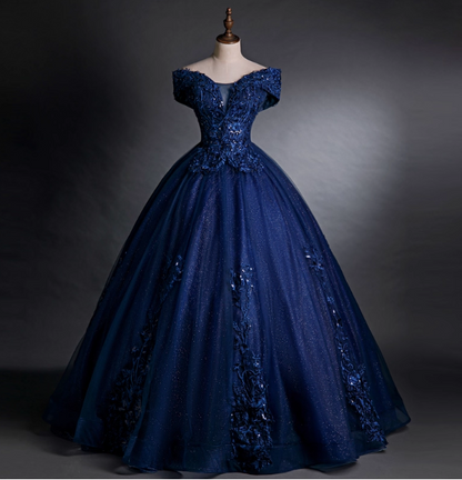 Luxuriöses Ballkleid aus marineblauem Tüll mit One-Shoulder-Stickerei und Pailletten, Abendkleid, Sweet 16 Kleid P4407