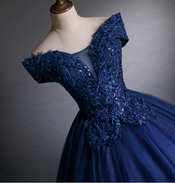 Luxurious Court Navy Blue One-Shoulder Embroidered Sequin Tulle Ball Gown Evening Dress Sweet 16 Dress P4407