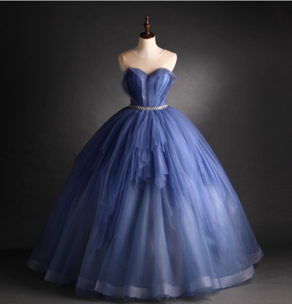 Dreamy Haze Blue Sweetheart Strapless Tulle Ball Gown Evening Dress Sweet 16 Dress P4408