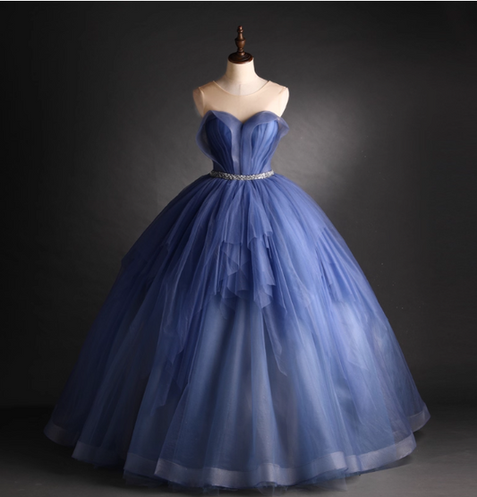 Dreamy Haze Blue Sweetheart Strapless Tulle Ball Gown Evening Dress Sweet 16 Dress P4408