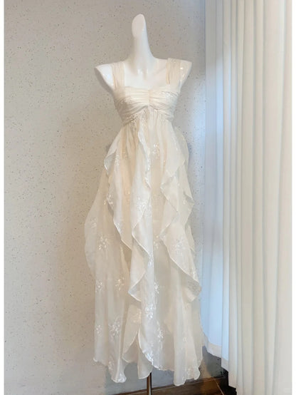 Robe de bal longue en mousseline volantée blanc cassé, robe de soirée, robe de demoiselle d'honneur P4041