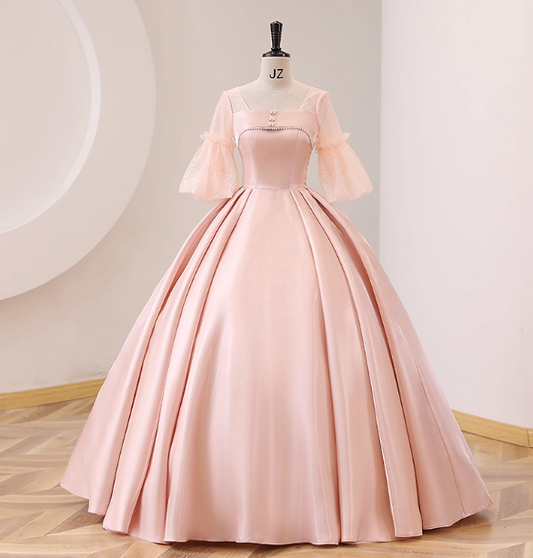Sweet Pink Square Neck Lace Sleeve Satin Ball Gown Evening Dress Sweet 16 Dress P4410