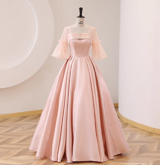 Sweet Pink Square Neck Lace Sleeve Satin Ball Gown Evening Dress Sweet 16 Dress P4410