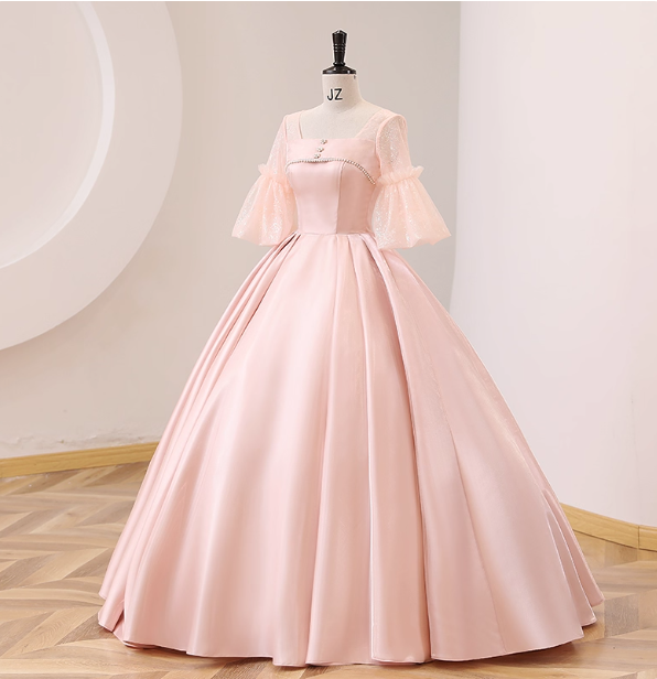 Sweet Pink Square Neck Lace Sleeve Satin Ball Gown Evening Dress Sweet 16 Dress P4410