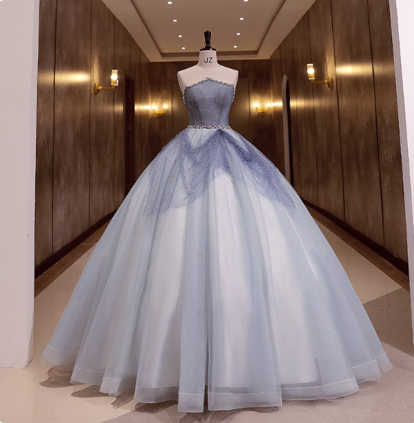 Dreamy Light Blue Strapless Tulle Ball Gown Evening Dress Sweet 16 Dress P4411