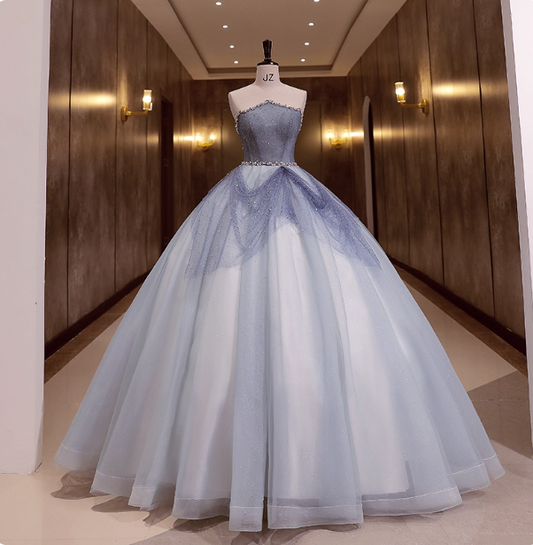 Dreamy Light Blue Strapless Tulle Ball Gown Evening Dress Sweet 16 Dress P4411
