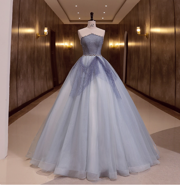 Dreamy Light Blue Strapless Tulle Ball Gown Evening Dress Sweet 16 Dress P4411