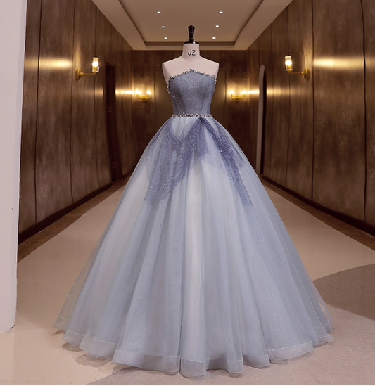 Dreamy Light Blue Strapless Tulle Ball Gown Evening Dress Sweet 16 Dress P4411