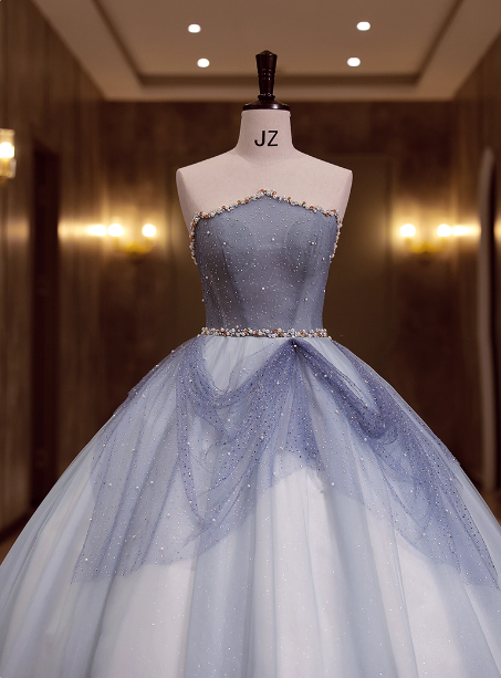 Dreamy Light Blue Strapless Tulle Ball Gown Evening Dress Sweet 16 Dress P4411