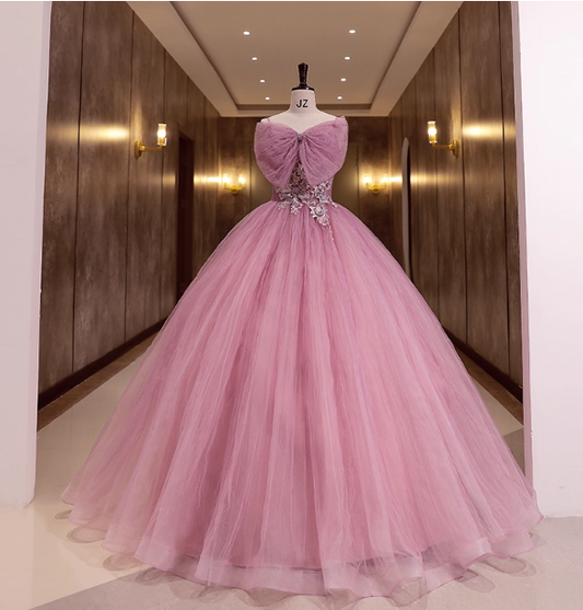 Princess Pink Bow Lace Tulle Ball Gown Evening Dress Sweet 16 Dress P4412