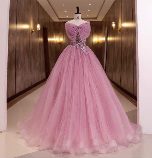 Princess Pink Bow Lace Tulle Ball Gown Evening Dress Sweet 16 Dress P4412