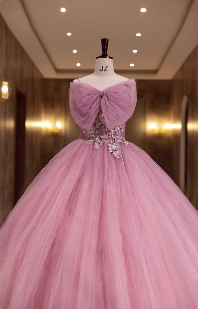 Princess Pink Bow Lace Tulle Ball Gown Evening Dress Sweet 16 Dress P4412