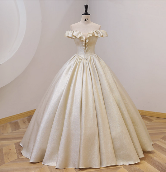 Elegant Vintage One-Shoulder Ruffle Shiny Satin Ball Gown Evening Dress Sweet 16 Dress P4413