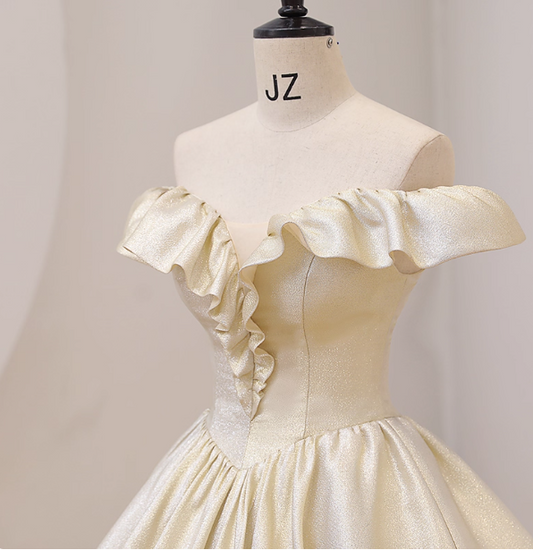 Elegant Vintage One-Shoulder Ruffle Shiny Satin Ball Gown Evening Dress Sweet 16 Dress P4413