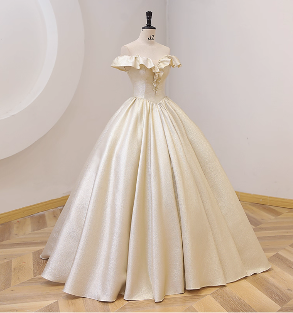 Elegant Vintage One-Shoulder Ruffle Shiny Satin Ball Gown Evening Dress Sweet 16 Dress P4413