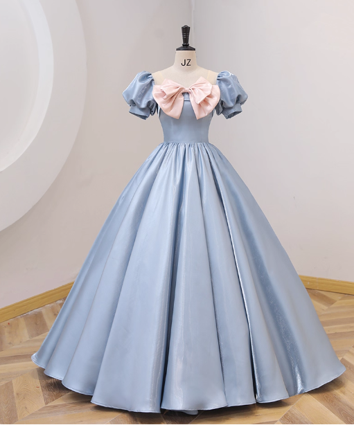 Sweet Princess Light Blue Square Neck Bow Puff Sleeve Satin Ball Gown Evening Dress Sweet 16 Dress P4414
